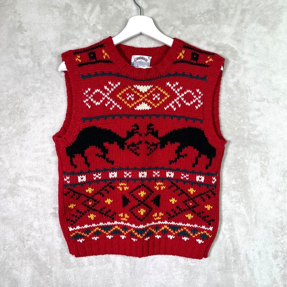 Cambridge Dry Goods Sweater Vest Mens Small Red Fair Isle Reindeer Wool Vintage